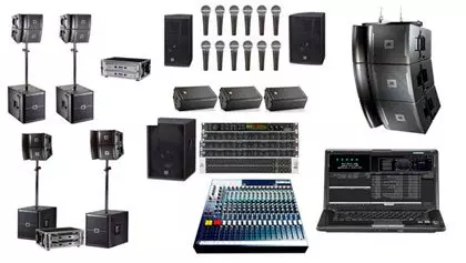 Sammelbild von PA-Lautsprecher-Boxen, Mischpulten, Mikrofonen und Verstärkern.